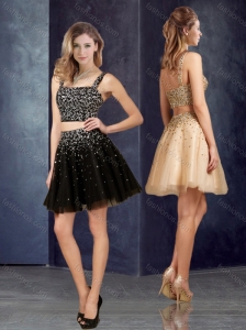 Classical Two Piece Straps Beaded Bodice Square Prom Dress in Tulle