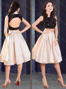 Elegant Two Piece Open Back Prom Dress in Champagne and Black