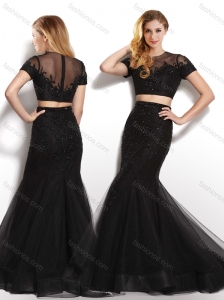 Hot Sale Two Piece Scoop Black Prom Dress with Short Sleeves