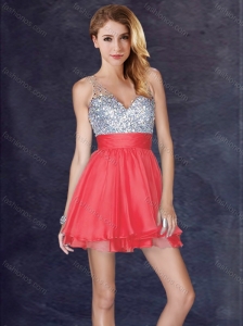Modest Backless V Neck Sequined Short Prom Dress in Coral Red