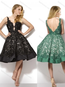 Modest Deep V Neckline A Line Laced Prom Dress with Backless