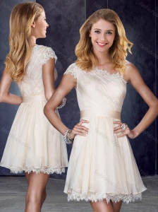 One Shoulder Short Champagne Prom Dress with Lace and Belt