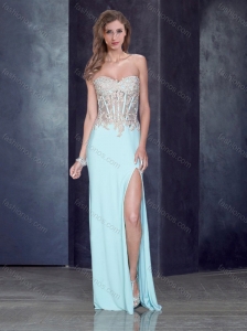 Romantic Sweetheart Light Blue Prom Dress with High Slit and Appliques