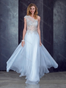 See Through Back One Shoulder Applique Bridesmaid Dress in Light Blue