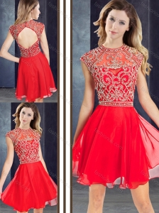 Sexy Scoop Beaded Red Short Prom Dress with Cap Sleeves