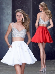 Two Piece Straps White Short Prom Dress with Beading