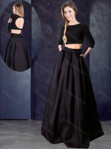 Two Piece Bateau Beaded Black Bridesmaid Dress with Three Fourths Length Sleeves