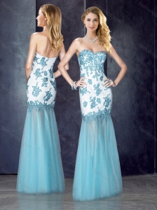 Beautiful Column Applique Aqua Blue Prom Dress in Tulle