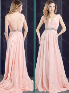 Cheap Chiffon Belted with Beading Prom Dress with Deep V Neckline