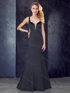 Cheap Mermaid Straps Satin Black Prom Dress with See Through Back