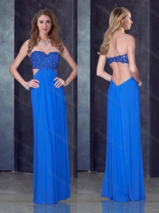 Empire Sweetheart Backless Blue Prom Dress with Beading and Appliques