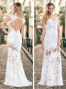 Gorgeous See Through Brush Train Laced  White Homecoming Dress with Cap Sleeves