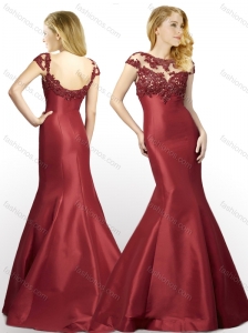 New Arrivals Applique Mermaid Brush Train Satin Prom Dress in Wine Red