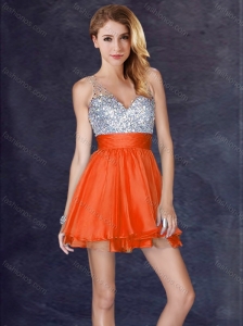 New Style Backless Orange Red Short Homecoming Dress with Sequins