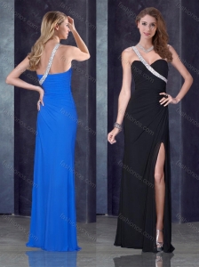One Shoulder Black Prom Dress with High Slit and Beading