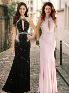 Simple High Neck Beaded Backless Prom Dress with Brush Train
