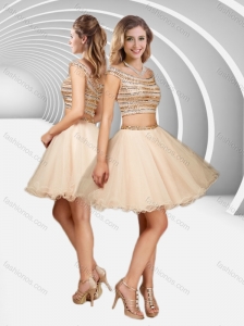 Two Piece Off the Shoulder A Line Sequined Prom Dress in Champagne