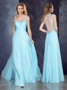 V Neck Applique Light Blue Homecoming Dress with See Through Back