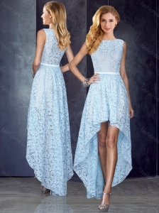 Bateau High Low Light Blue Modest Prom Dress in Lace