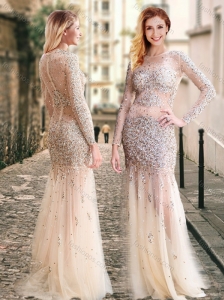 Column High Neck Beaded Champagne Modest Prom Dress with Long Sleeves