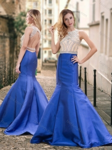 Mermaid Backless Beaded Royal Blue Junior Prom Dress with Brush Train