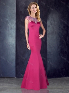 See Through Back Satin Beaded Modest Prom Dress in Hot Pink