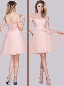 Lovely Laced Off the Shoulder Baby Pink Prom Dress in Tulle
