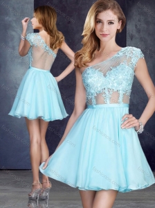 Cheap See Through One Shoulder Applique Prom Dress in Aqua Blue