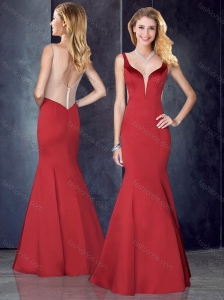 Mermaid Straps Satin Red Sexy Prom Dress with See Through Back