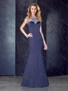 See Through Back Satin Beaded Sexy Prom Dress in Navy Blue