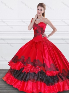 2015 Exquisite Applique Red and Black Quinceanera Dress in Organza and Taffeta for Winter