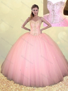 Big Puffy Beaded Baby Pink Quinceanera Dress in Tulle
