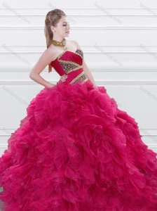 New Style Beaded and Ruffled Red Quinceanera Dress in Tulle