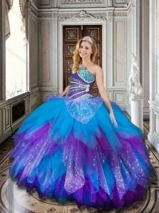 Baby Blue and Purple Sweet 16 Dress with Beading and Ruffles