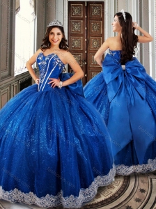 Ball Gown Beaded Royal Blue Sweet 16 Dress with Appliques and Bowknot