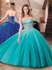 Lovely Big Puffy Tulle Aqua Blue Quinceanera Dress with Beading