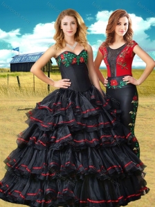 Two For One Black Sweet 16 Dress with Embroidery and Ruffled Layers