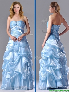 Column Sweetheart Long Light Blue Beaded Ruched Prom Dress in Organza