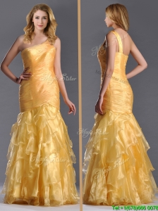 Elegant Mermaid One Shoulder Organza Ruffled Prom Dress in Gold