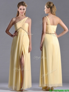 Exquisite One Shoulder Yellow Prom Dress with Beading and High Slit
