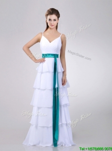 Lovely White Prom Dress with Ruffled Layers and Turquoise Belt