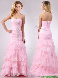 Popular Brush Train Organza Pink Prom Dress with Beading and Ruffles