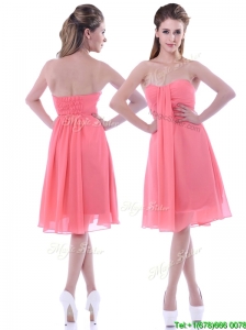 Popular Empire Chiffon Ruched Watermelon Dama Dresses for Quinceanera in Knee Length