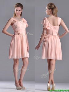Simple Empire Ruched Peach Dama Dresses for Quinceanera with Asymmetrical Neckline