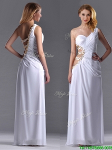 Beautiful Cut Out Waist One Shoulder White Prom Dress with Beading