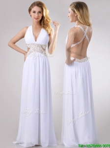 Beautiful Deep V Neckline Prom Dress with Beaded Decorated Criss Cross
