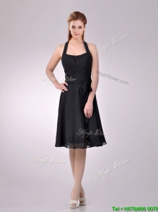 Best Selling Chiffon Halter Top Ruched Bridesmaid Dress in Black