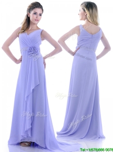 Brush Train Lavender Prom Dress with Beading and Hand Crafted Flower