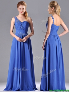 Column Chiffon Beading and Ruching Blue Prom Dress with One Shoulder