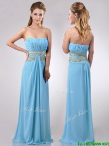Discount Beaded Decorated Waist and Ruched Bodice Prom Dress in Aqua Blue